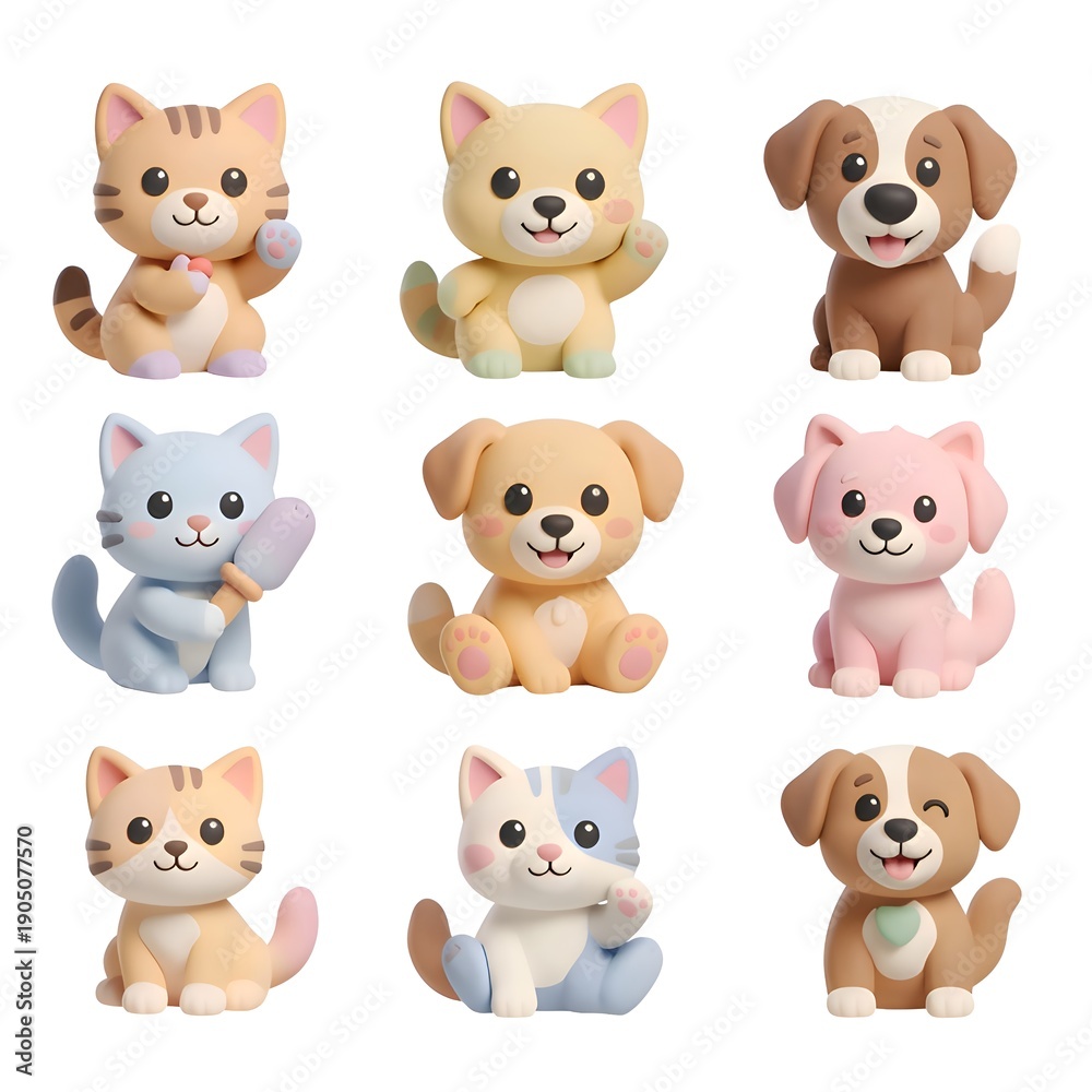 Fototapeta premium Set of cute 3D claymorphism style pet icons featuring various cats and dogs isolated on white background