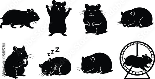 Black hamster silhouette icons set featuring cute pet rodents in various poses including running on wheel sleeping eating and standing on white background vector.