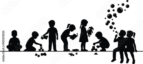 Black silhouette illustration of diverse children playing with toys reading books and blowing bubbles on white background for preschool and early childhood education