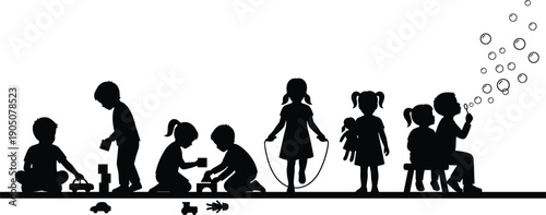 Black silhouette vector illustration of diverse children playing with toys jumping rope blowing bubbles and reading books for preschool and early childhood education