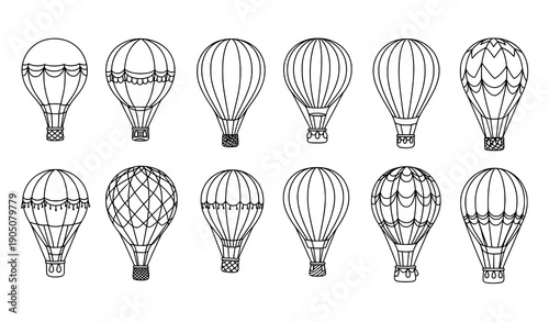 Hot Air Balloon Line Icon Doodle Set Hand Drawn Travel Adventure Vector