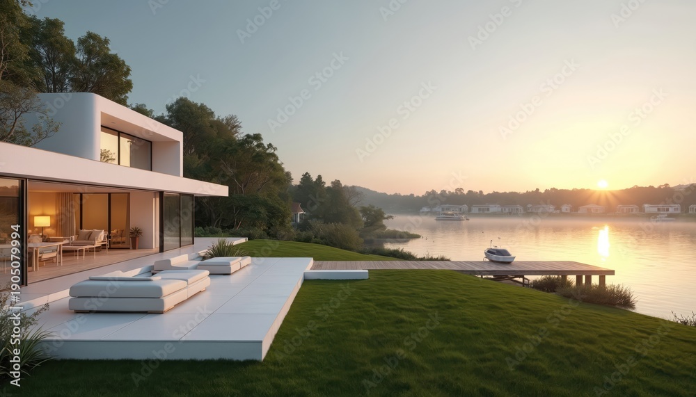 Obraz premium Modern white house with large terrace next to tranquil lake. A boat rests on the dock at sunrise. Rich green grass surrounds the waterside property with distant homes visible.