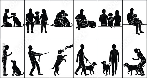 Black silhouette set of people interacting with dogs including walking on leash, training, petting, sitting together, and giving treats isolated on white background.