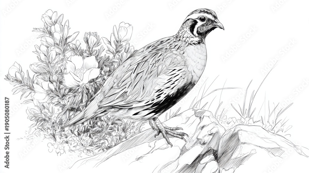 Fototapeta premium Detailed Black and White Sketch of a Quail Bird Surrounded by Flowers