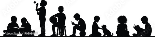 Black silhouette of diverse children group sitting and standing while reading books, playing with ball, blowing bubbles, using phone, and petting puppy on white background.