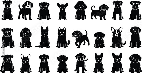 Comprehensive Collection of Black Vector Silhouettes Featuring a Decorative Butterfly Swarm Active Children Playing and Various Puppy Dog Breed Icons Isolated on White Background
