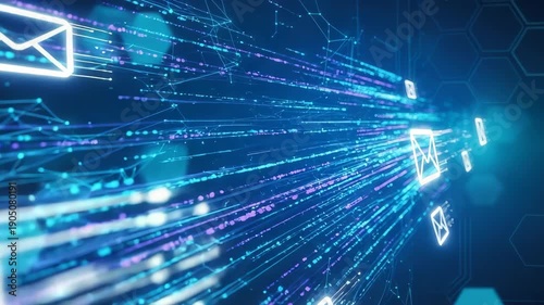 Glowing Email Icons Floating In Network Of Digital Data On Dark Blue Background Concepts Like Communication Technology Information Exchange For Business Promotional Materials