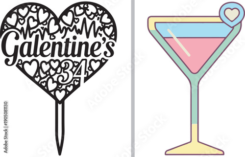 A decorative "Galentine's" heart-shaped cake topper filled with smaller hearts and a stylized martini glass with a heart garnish. Perfect for festive party decor and girls' night celebrations.