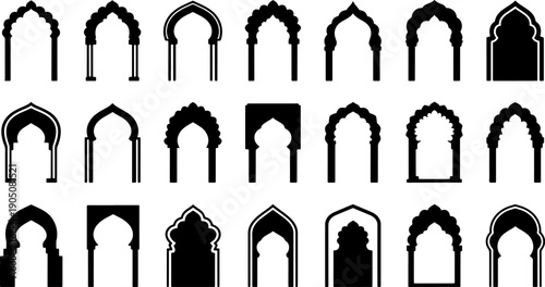 Large Set of 21 Detailed Islamic Arch Silhouettes featuring Mosque Entrances Arabic Window Frames and Traditional Oriental Doorway Designs