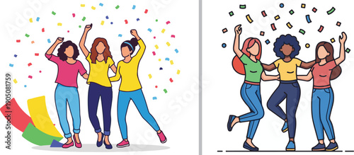 Charming vector flat icons for "Girls' Night," featuring wine bottles, clinking glasses, and celebratory confetti. Vibrant pink and multi-colored designs perfect for social events and friendship.