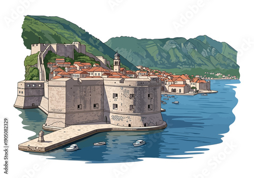 Ancient stone fortified city wall structure.