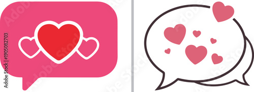 Cute vector speech bubbles filled with pink and red hearts. These flat icons represent digital love, romantic messages, and sweet notifications for Valentine's Day or social media.