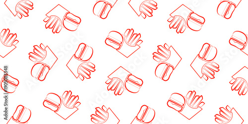 seamless pattern with burger and fries elements on white background. burger and fries outline style. clean and modern look for food packaging and prints.