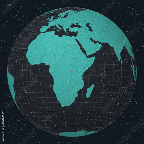 Republic of Rwanda on Globe. Vintage look with grunge scratched texture. Country view on world map in Dark Charcoal Turquoise color palette. Rwanda shape on map. Globe with meridians and parallels.