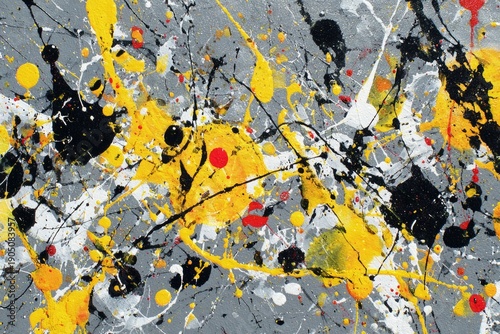 Abstract Paint Splatter Texture with Yellow, Black, and Red Accents