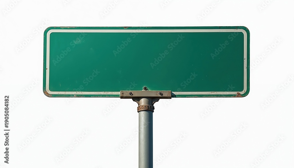 Fototapeta premium Green blank road sign on metal pole. Empty street nameplate isolated on white background for custom text. Directional signage ready for information.