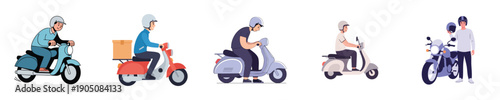 Scooter Illustration Retro Delivery Courier Urban Transport Lifestyle Flat Design Character Bundle