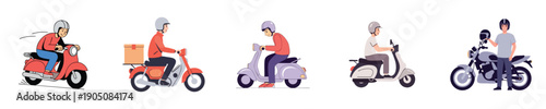 Scooter Rider Collection Modern Urban Commuter Delivery Motorbike Flat Design Illustration Pack