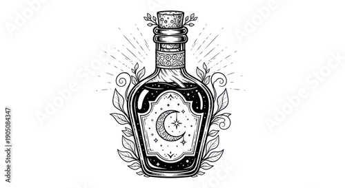 Mystical Potion Bottle with Crescent Moon and Star, Esoteric Alchemy