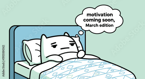 Cartoon Cat Sleeping in Bed Waiting Motivation.