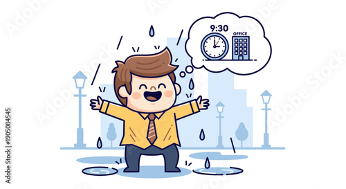 Man Standing in Rain with Clock Thought.