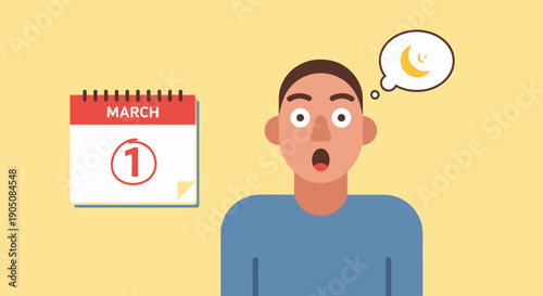 “April Fools’ Day vector illustration, surprised cartoon man with shocked expression, calendar showing April 1, flat modern cartoon style, simple shapes, soft pastel colors, clean background, editable