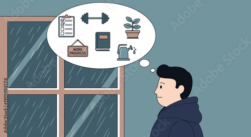 Man Thinking About Various Objects.