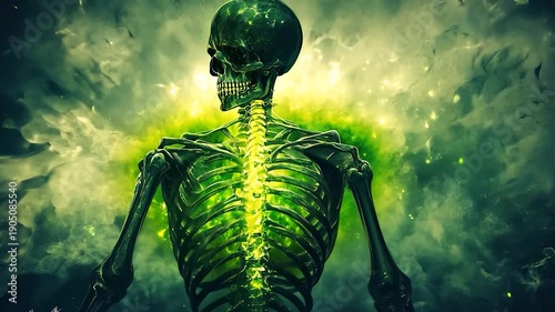 Glowing Green Skeleton in Smoky Background