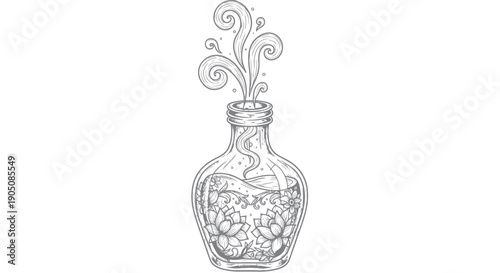 Magical Potion Bottle with Swirling Smoke and Flowers