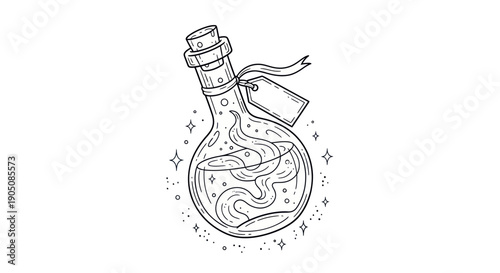 Mysterious Potion Bottle with Swirling Liquid and Sparkles - Hand Drawn Illustration