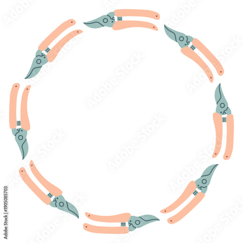 Vector circular frame made of garden pruner. Flat minimal illustration on white background, perfect for gardening themes, spring designs, floral branding, eco projects, invitations, posters, templates
