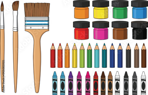 Art supplies set with paint brushes jars colored pencils crayons and tools isolated vector illustration for school craft