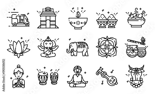 Indian Culture Outline Icon Set. Vector Illustration of Traditional India Symbols.