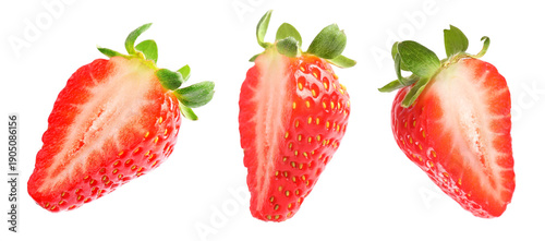 Fresh strawberries cut in halves isolated on white, set