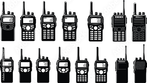 Collection of handheld walkie talkie radios two way communication devices silhouettes isolated black vector set for security emergency use