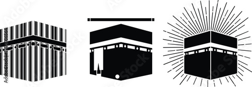 Kaaba sacred mosque silhouettes set with Islamic pilgrimage symbols, holy Mecca landmark icons, black vector illustration isolated background