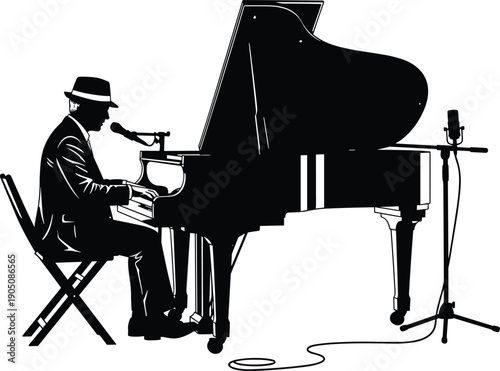 Jazz pianist playing grand piano on stage with microphone live music performance black silhouette vector illustration musician concept