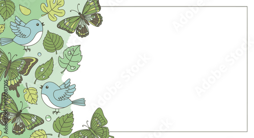 Blue Birds and Butterflies with Leaves Border.