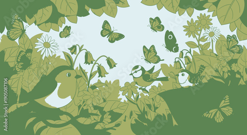 Butterflies and Flowers in Green Illustration.