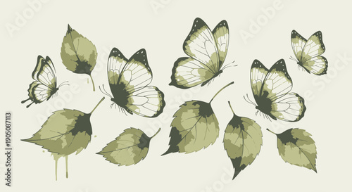 Butterfly Collection with Green Wings and Leaves.