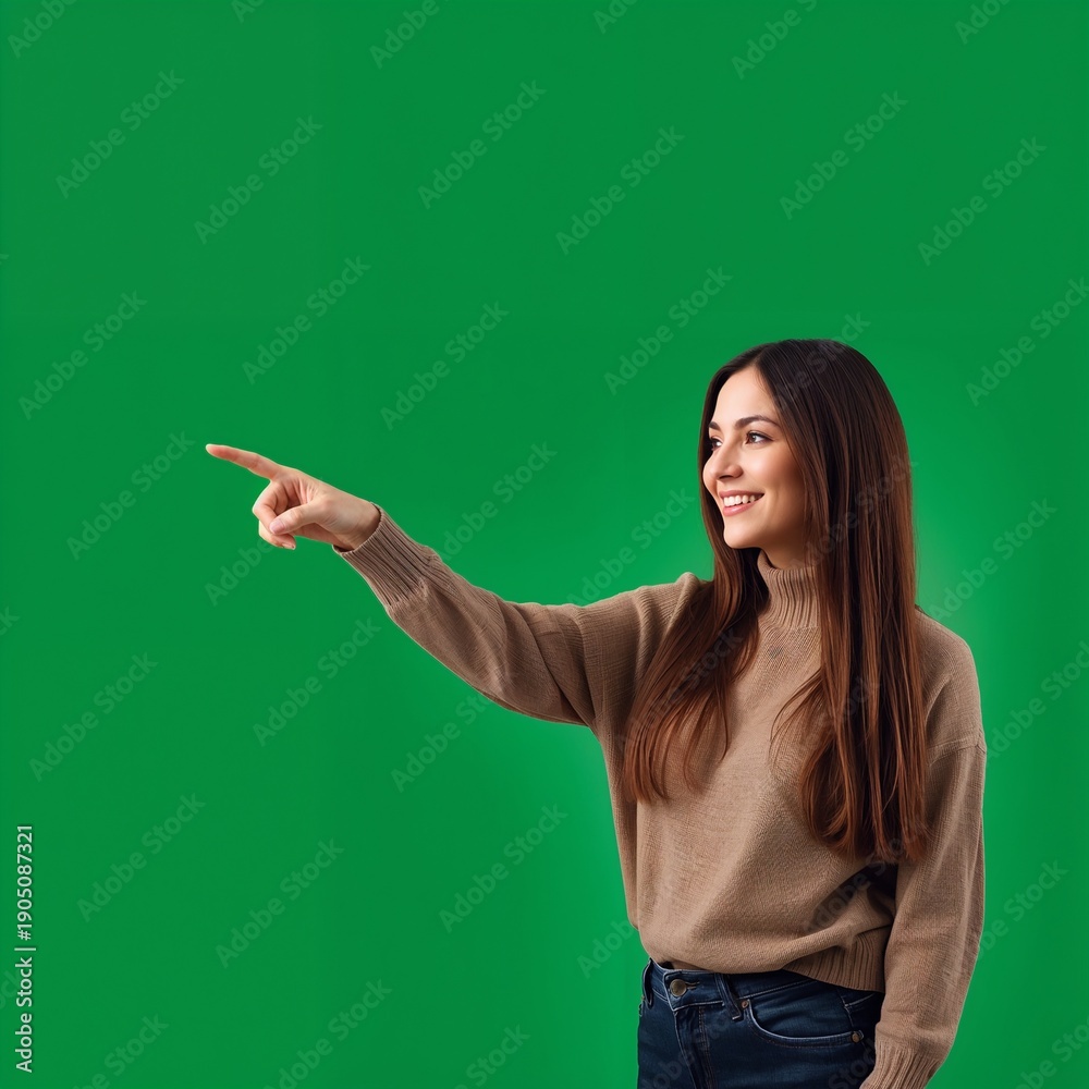 custom made wallpaper toronto digitalYoung Woman in Casual Sweater Pointing to the Side on Green Screen Background