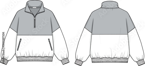 Men quarter zip windbreaker jacket color block pullover sweatshirt technical flat cad vector template front back view illustration