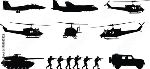 Military vehicle and aircraft silhouette set with helicopter jet tank soldiers truck tactical army transport vector illustration collection