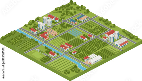 Isometric rural town map featuring agricultural fields, residential buildings, roads, and sustainable infrastructure in a green landscape
