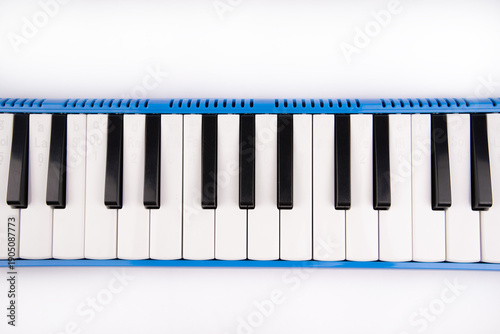 Top-down view of pianika keys with solfège note labels (Do-Re-Mi). Educational musical instrument designed to help beginners identify notes and learn scales easily.