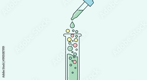 Scientist adds liquid to test tube with colorful bubbles, laboratory experiment
