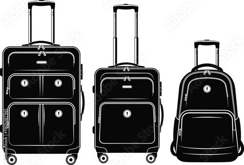 Black travel luggage set with rolling suitcase trolley bags and backpack isolated vector illustration for modern trip tourism design concept