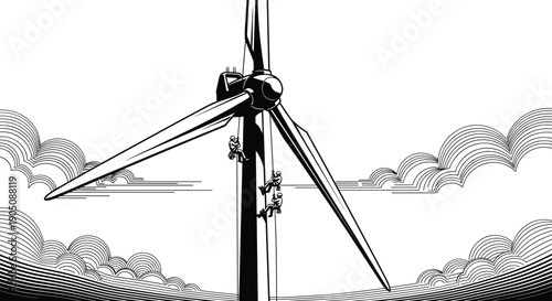 Wind turbine maintenance workers climbing renewable energy tower sustainable power engineering clean electricity black white vector illustration scene