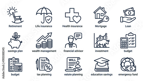 Set of 15 Financial Planning Line Icons for Personal Finance, Retirement, Insurance, Mortgage, Investment, Wealth Management, Budgeting, Tax Planning, Estate Planning, and Education Savings.