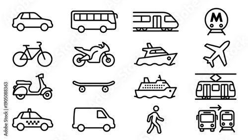 Set of 16 Minimalist Transportation and Public Transit Line Icons Featuring Car, Bus, Train, Subway, Bicycle, Motorcycle, Boat, Airplane, Scooter, Skateboard, Ferry, Tram, Taxi, Van, and Pedestrian.